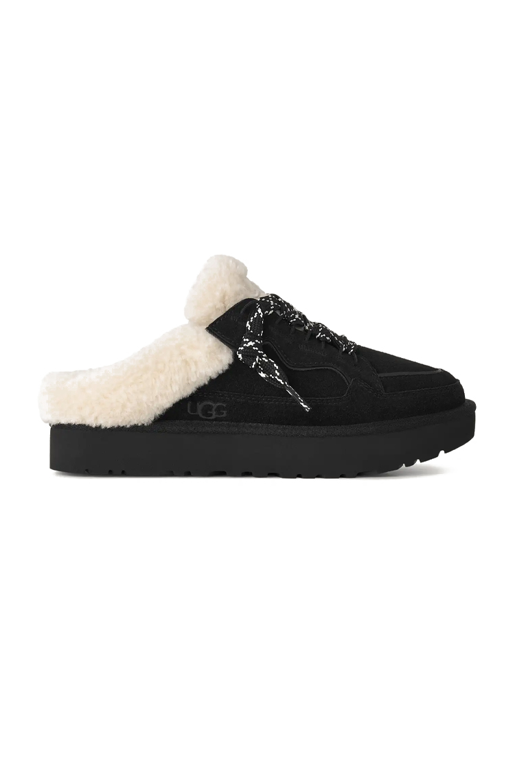 פכפי מיולז זמש UGG נשים שחור דגם Lowmel Mule בטנת צמר שרוכים קונטרסט