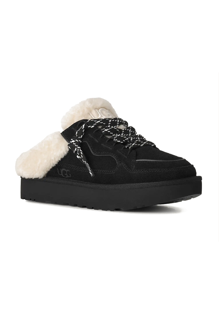 פכפי מיולז זמש UGG נשים שחור דגם Lowmel Mule בטנת צמר שרוכים קונטרסט