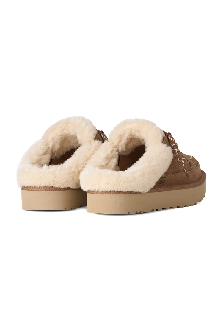 פכפי מיולז זמש UGG נשים חום דגם Lowmel Mule בטנת צמר שרוכים קונטרסט