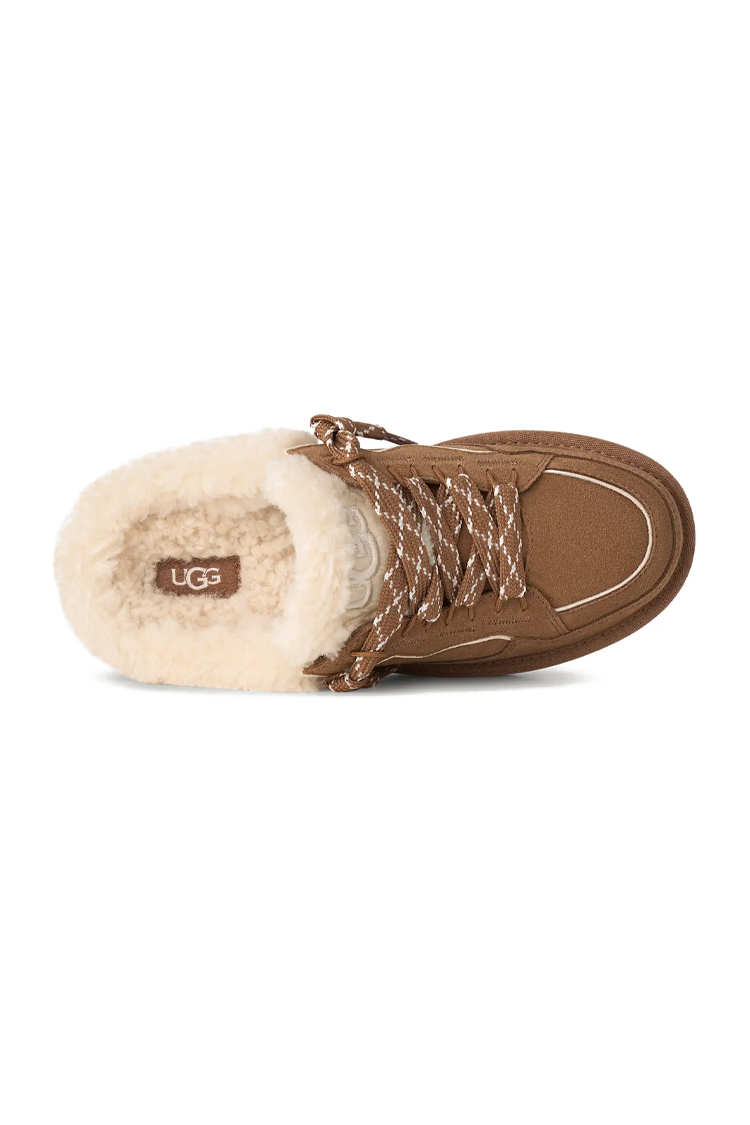 פכפי מיולז זמש UGG נשים חום דגם Lowmel Mule בטנת צמר שרוכים קונטרסט
