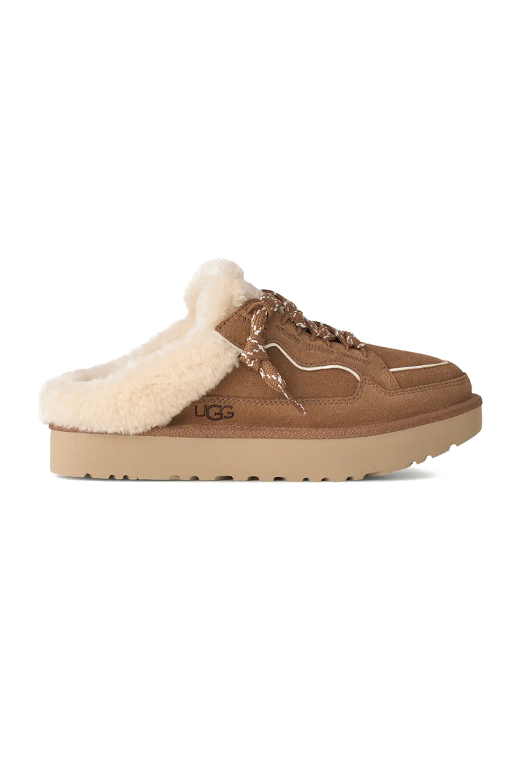 פכפי מיולז זמש UGG נשים חום דגם Lowmel Mule בטנת צמר שרוכים קונטרסט