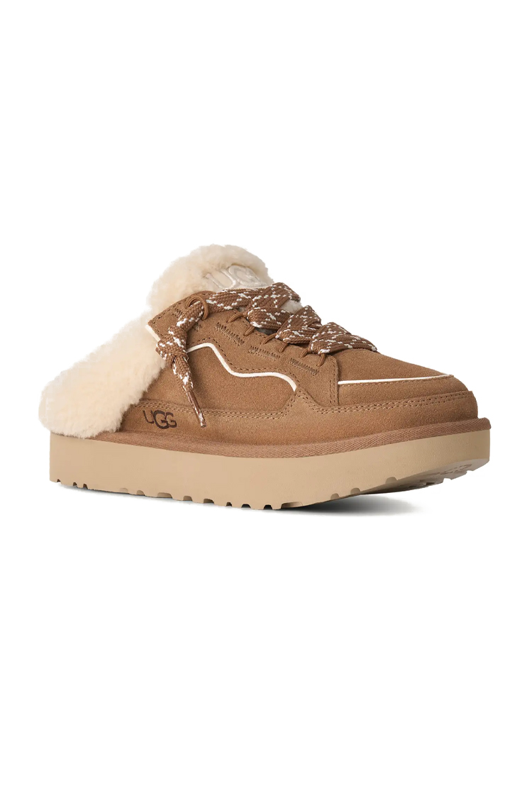 פכפי מיולז זמש UGG נשים חום דגם Lowmel Mule בטנת צמר שרוכים קונטרסט