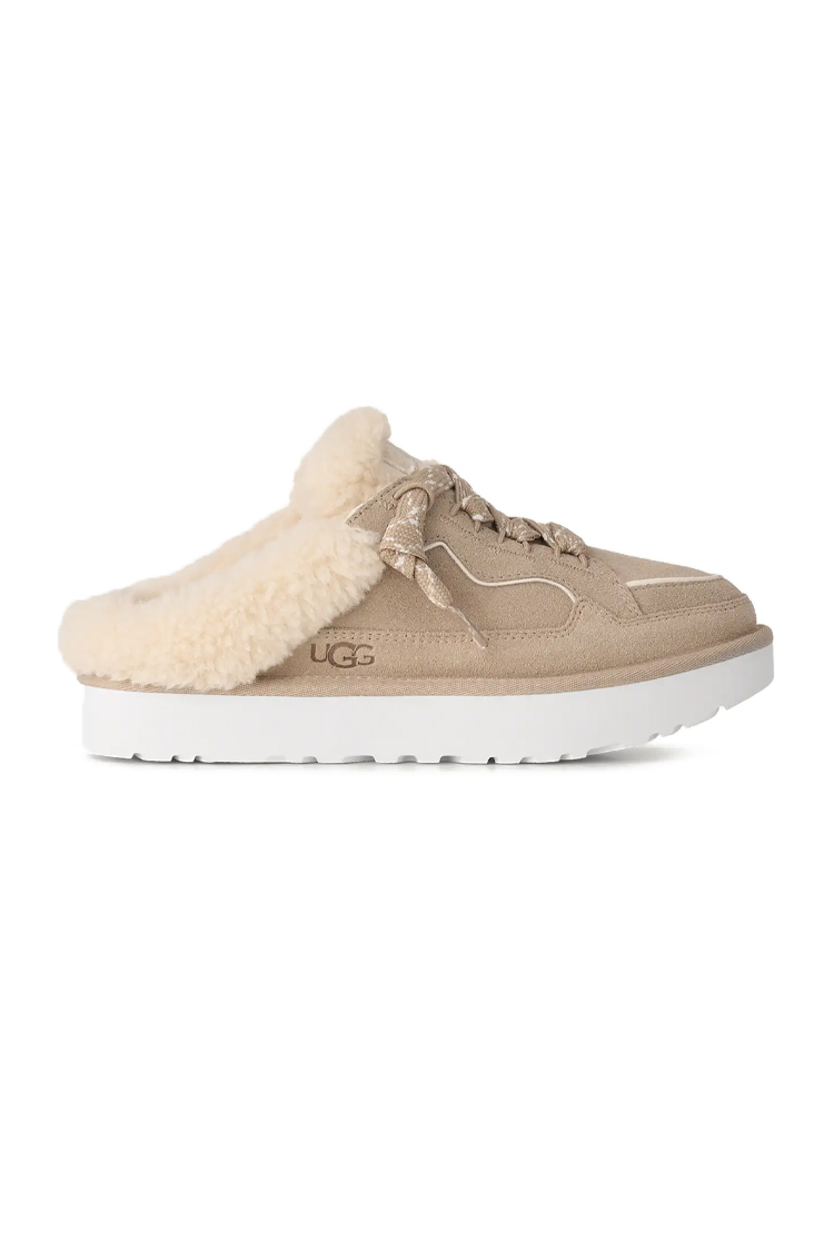 פכפי מיולז זמש UGG נשים קרם דגם Lowmel Mule בטנת צמר שרוכים קונטרסט