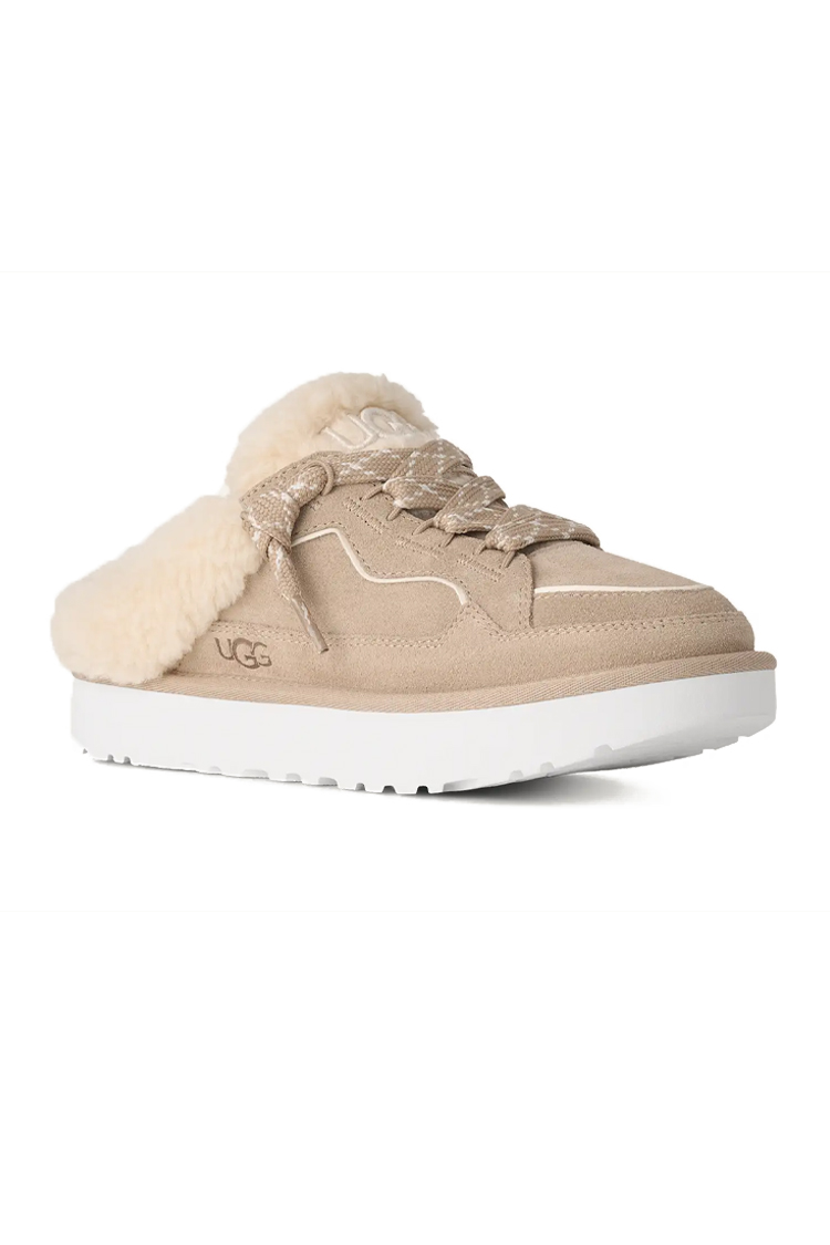 פכפי מיולז זמש UGG נשים קרם דגם Lowmel Mule בטנת צמר שרוכים קונטרסט