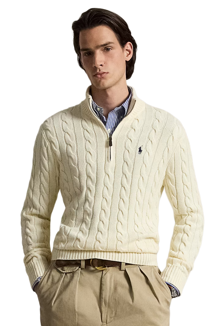סריג פולו ראלף לורן POLO RALPH LAUREN קרם כותנה דגם Cable-Knit Quarter-Zip צמות לוגו רקום