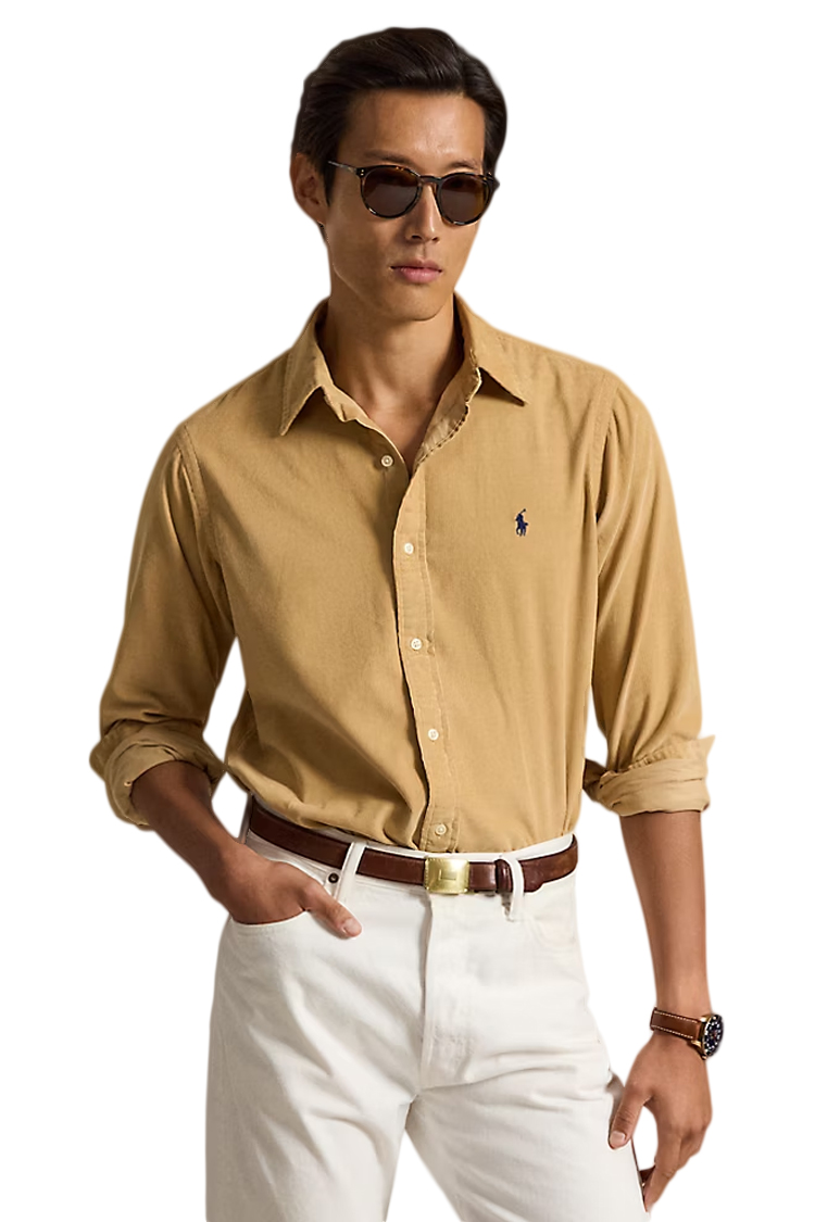 חולצת קורדורוי פולו ראלף לורן POLO RALPH LAUREN קאמל כותנה דגם Custom Fit Corduroy Shirt לוגו רקום