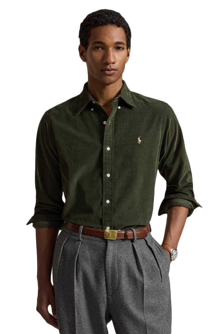 חולצת קורדורוי פולו ראלף לורן POLO RALPH LAUREN ירוק כותנה דגם Custom Fit Corduroy Shirt לוגו רקום