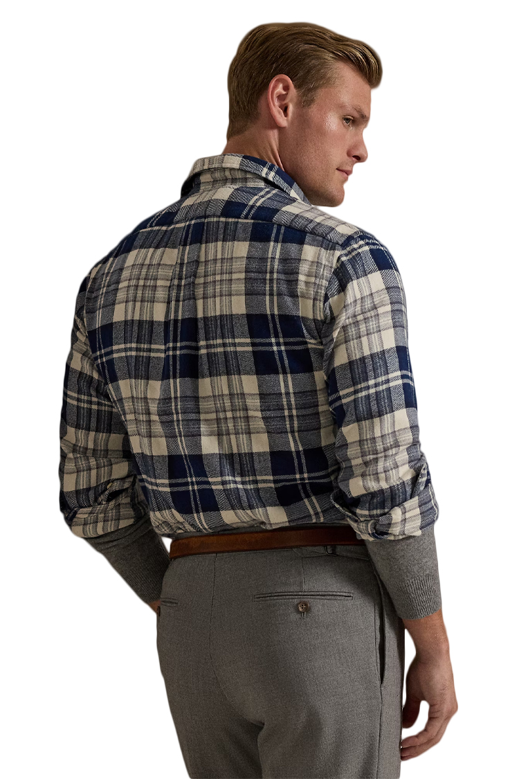 חולצת פלנל פולו ראלף לורן POLO RALPH LAUREN כחול קרם משובץ כותנה דגם Plaid Brushed Flannel לוגו רקום