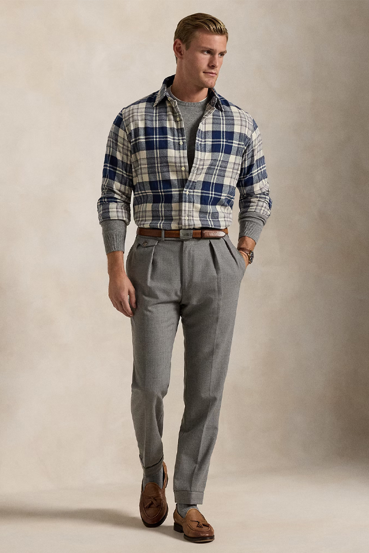 חולצת פלנל פולו ראלף לורן POLO RALPH LAUREN כחול קרם משובץ כותנה דגם Plaid Brushed Flannel לוגו רקום