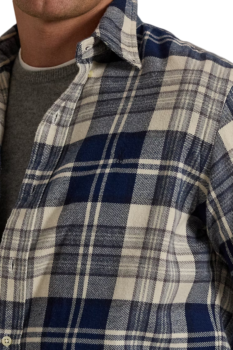 חולצת פלנל פולו ראלף לורן POLO RALPH LAUREN כחול קרם משובץ כותנה דגם Plaid Brushed Flannel לוגו רקום