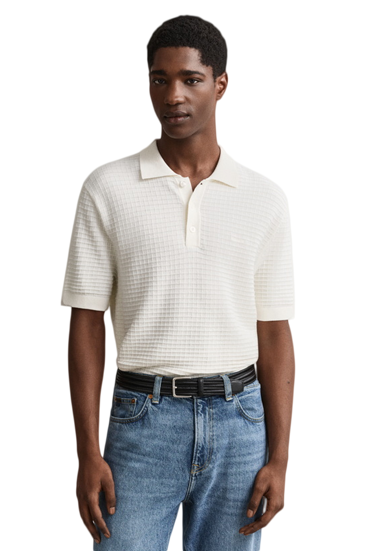 חולצת פולו גאנט GANT לבן כותנה ארוג דגם Textured polo טקסטורה רקמת לוגו חזה