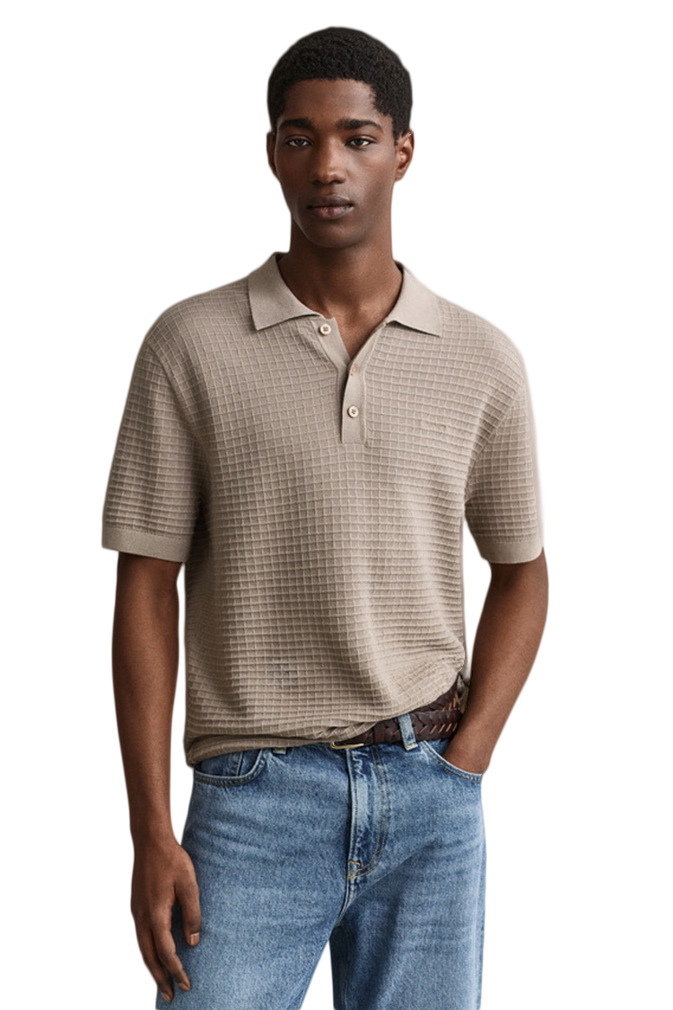 חולצת פולו גאנט GANT חום כותנה ארוג דגם Textured polo טקסטורה רקמת לוגו חזה