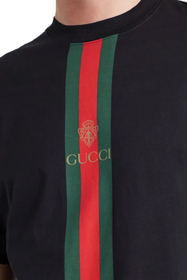 טי שירט גוצ'י GUCCI שחור כותנה רגיל דגם Cotton jersey with print פסים צבעוניים לוגו חזה