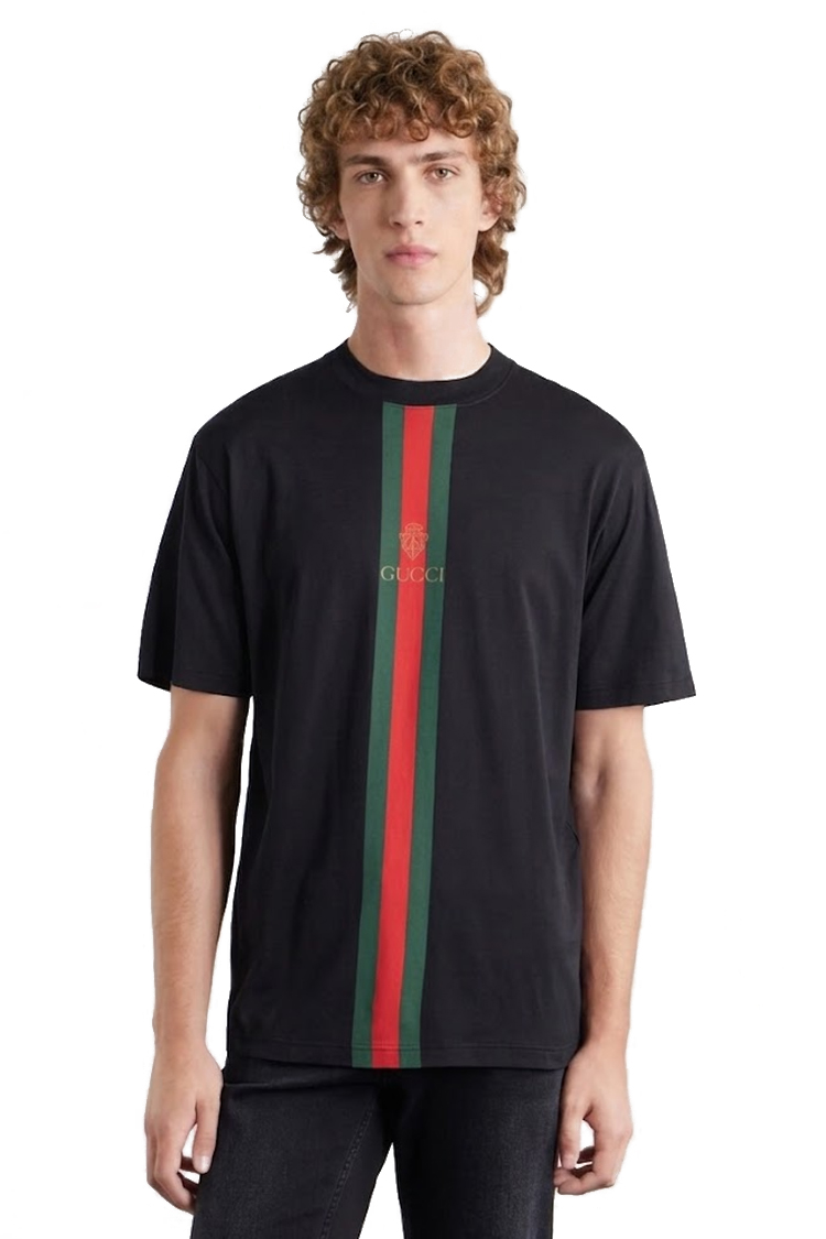 טי שירט גוצ'י GUCCI שחור כותנה רגיל דגם Cotton jersey with print פסים צבעוניים לוגו חזה
