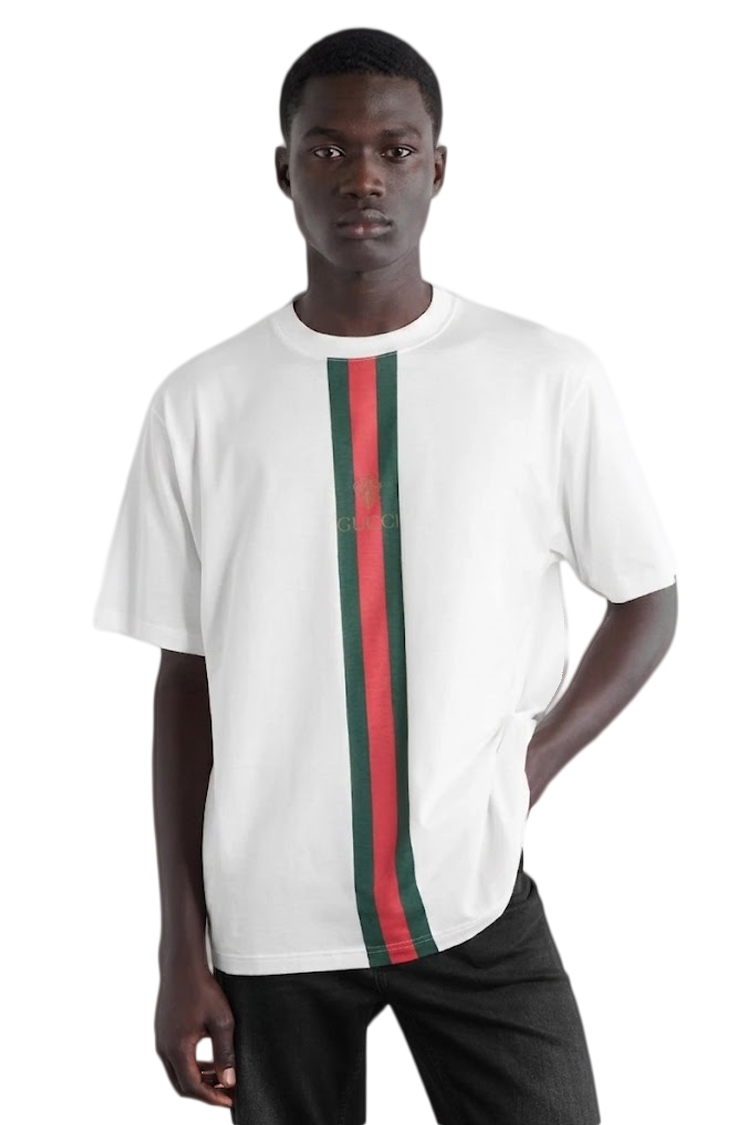 טי שירט גוצ'י GUCCI לבן כותנה רגיל דגם Cotton jersey with print פסים צבעוניים לוגו חזה