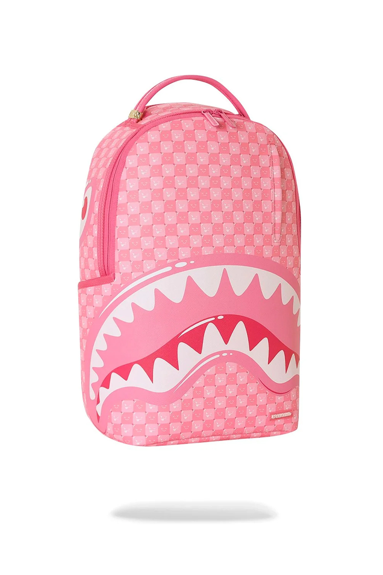 תיק גב ספרייגראונד SPRAYGROUND ורוד פוליויניל דמוי עור מחשב נייד דגם New check faces משבצות סמיילי מלתעות כריש