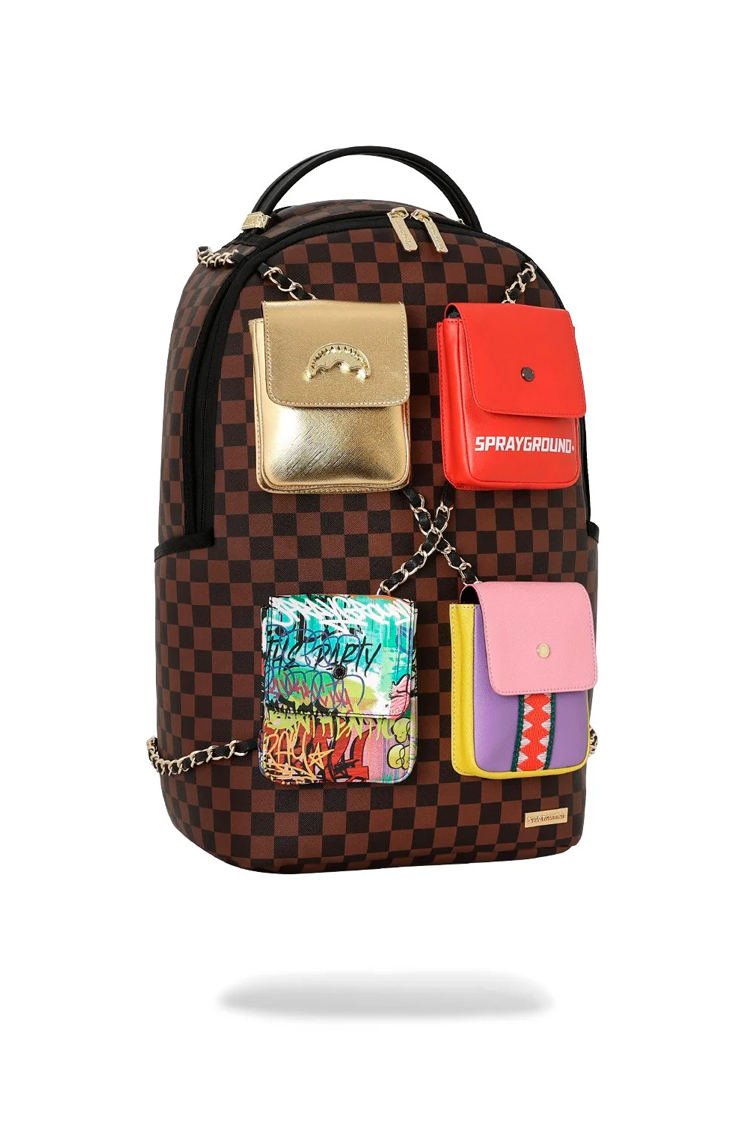תיק גב ספרייגראונד SPRAYGROUND חום שחור פוליויניל דמוי עור מחשב נייד דגם Hanging pockets mix up משבצות כיסים תלויים