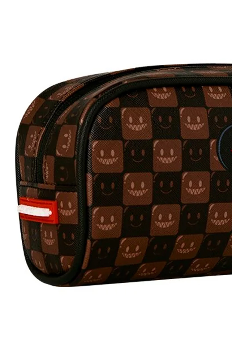 קלמר ספרייגראונד SPRAYGROUND שחור חום דמוי עור פוליויניל דגם Sharks in paris wtf bubble משבצות סמיילי מלתעות כריש רוכסן