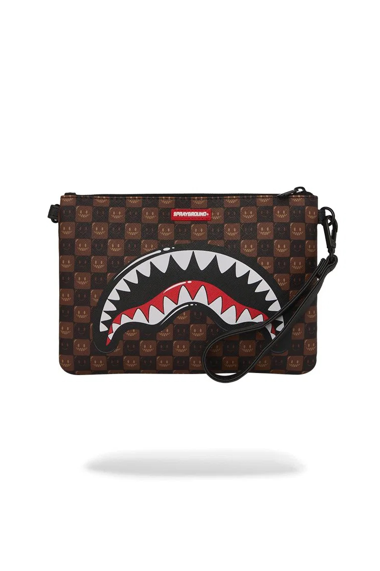תיק קלאץ’ ספרייגראונד SPRAYGROUND שחור חום דמוי עור פוליויניל דגם Sharks in paris wtf bubble משבצות סמיילי מלתעות כריש רצועה