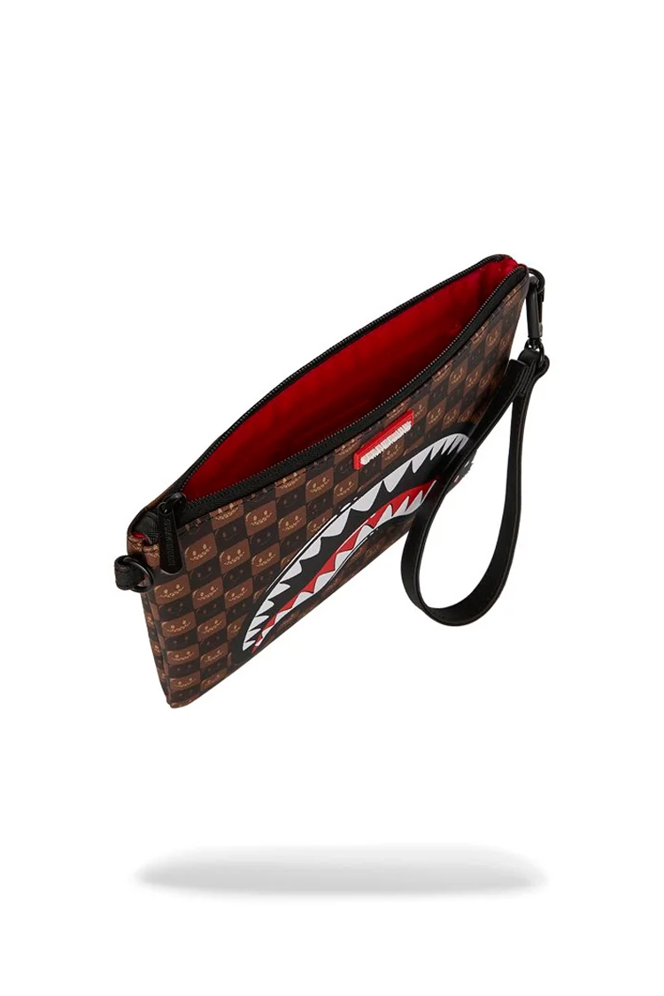 תיק קלאץ’ ספרייגראונד SPRAYGROUND שחור חום דמוי עור פוליויניל דגם Sharks in paris wtf bubble משבצות סמיילי מלתעות כריש רצועה