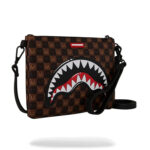 תיק קלאץ’ ספרייגראונד SPRAYGROUND שחור חום דמוי עור פוליויניל דגם Sharks in paris wtf bubble משבצות סמיילי מלתעות כריש רצועה