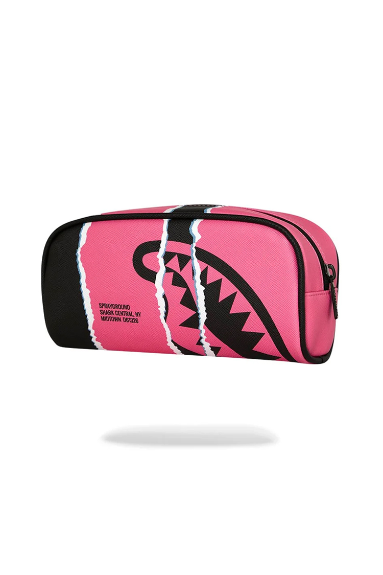 קלמר ספרייגראונד SPRAYGROUND ורוד דמוי עור פוליויניל דגם Shark central duality tear קרעים מלתעות כריש רוכסן