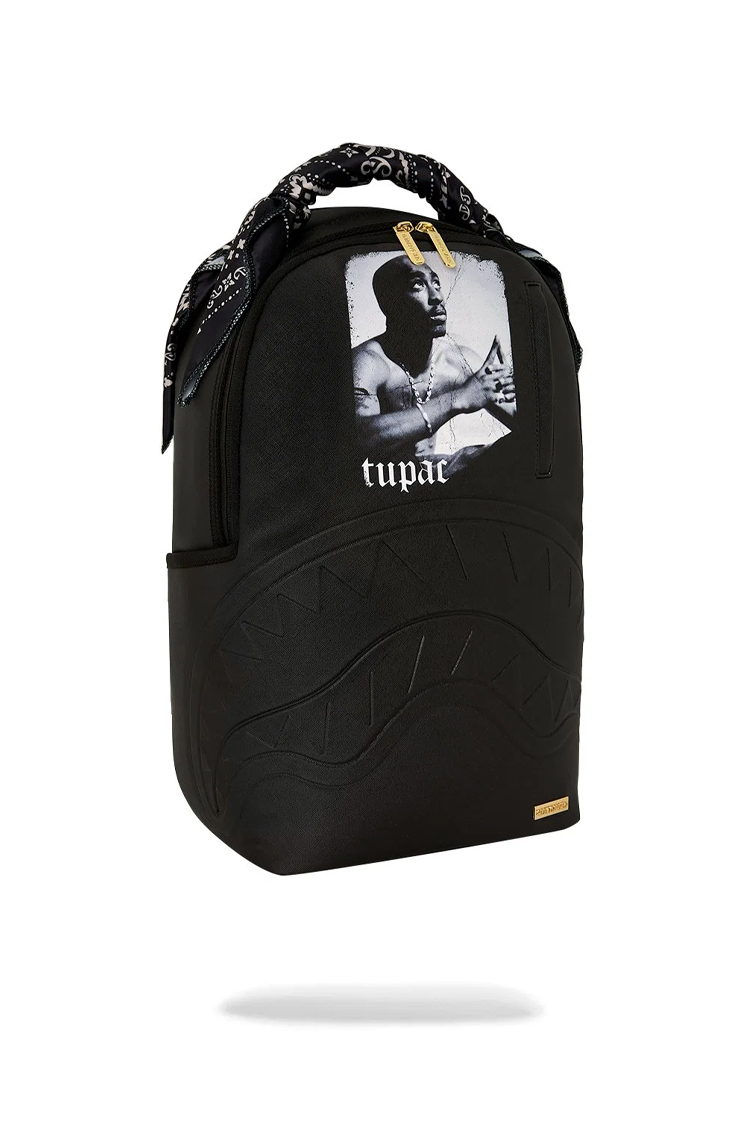 תיק גב ספרייגראונד SPRAYGROUND שחור פוליויניל דמוי עור מחשב נייד דגם Tupac backpack הדפס טופאק מטפחת מלתעות כריש