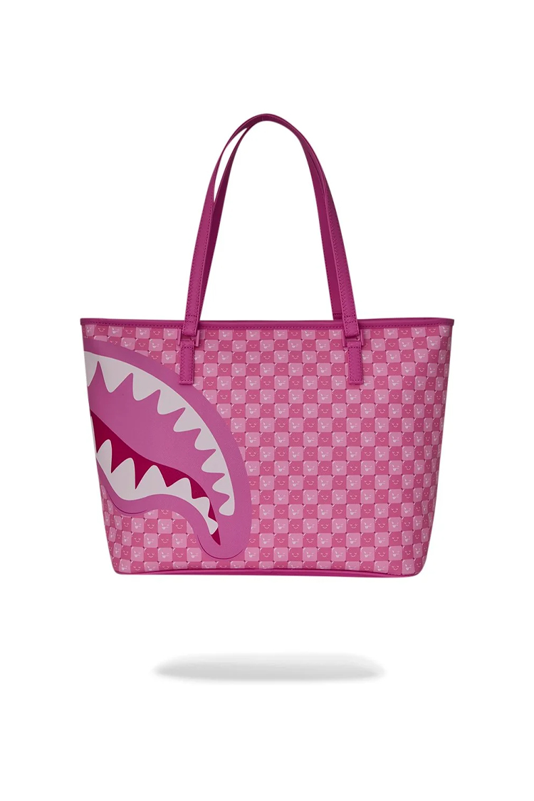 תיק נשיאה ספרייגראונד SPRAYGROUND ורוד פוליויניל דגם Pink New Check Faces סמיילי כריש