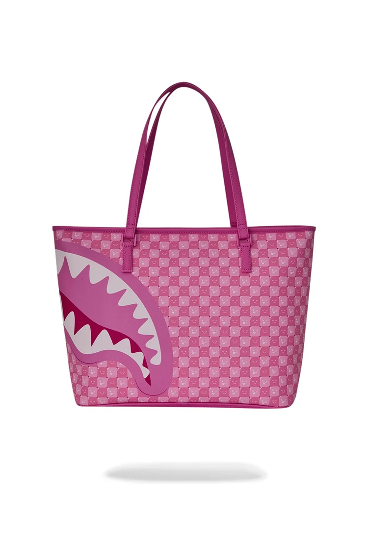 תיק נשיאה ספרייגראונד SPRAYGROUND ורוד פוליויניל דגם Pink New Check Faces סמיילי כריש