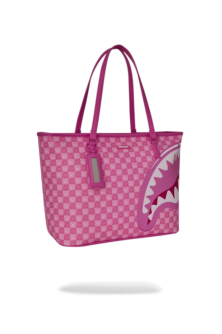תיק נשיאה ספרייגראונד SPRAYGROUND ורוד פוליויניל דגם Pink New Check Faces סמיילי כריש
