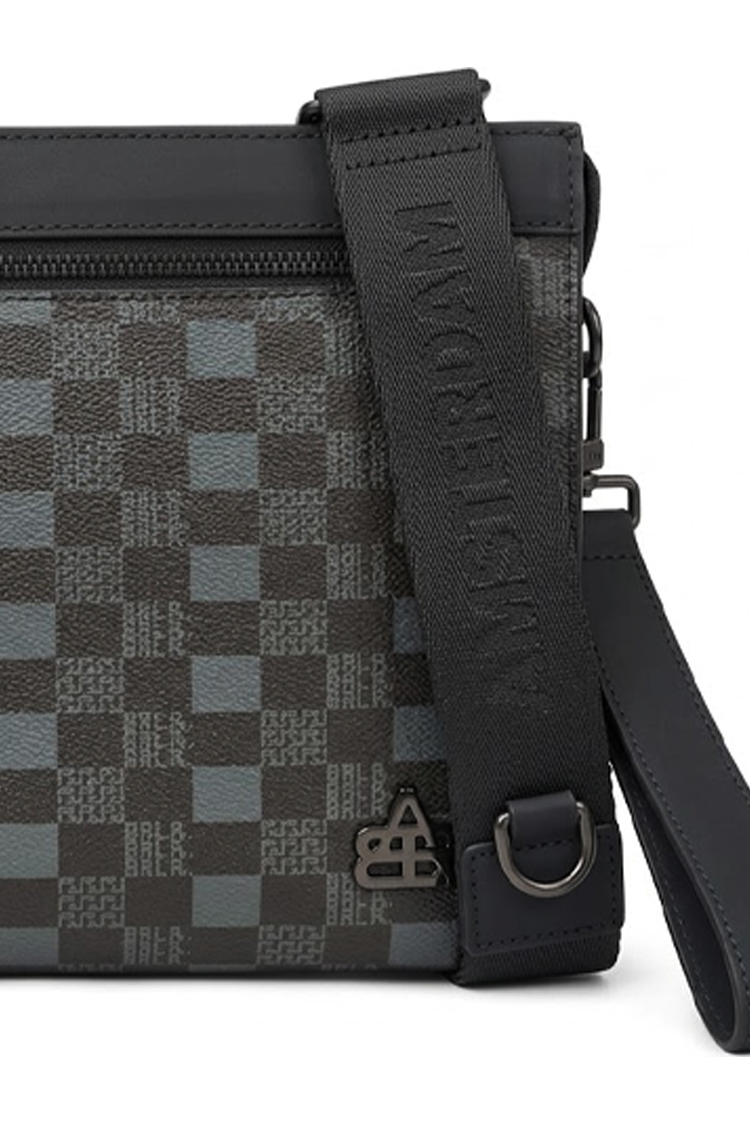 תיק צד באוור BALR שחור משובץ 100% עור דגם Crossbody Leather Bag רצועה וידית נשלפות מחיר מבצע
