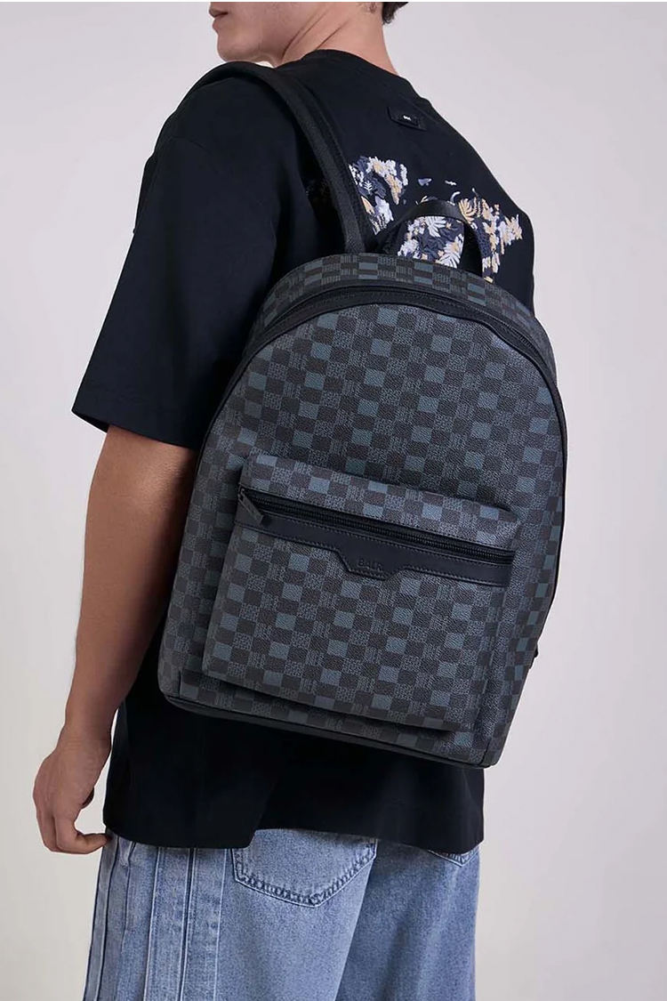 תיק גב באוור BALR שחור טקסטיל עור דגם Checkered Backpack משבצות לוגו תא למחשב