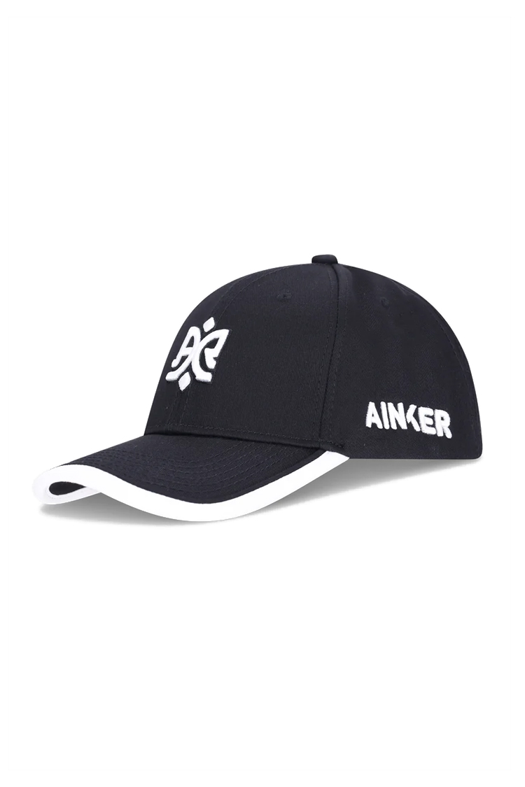 כובע בייסבול אינקר AINKER שחור לבן 100% כותנה דגם 1189 רצועה מתכווננת לוגו מותג קדמי ובצד
