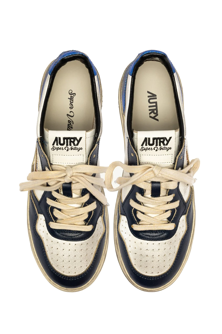 סניקרס אוטרי AUTRY לבן כחול 100% עור גזרה נמוכה דגם Super Vintage גימור משופשף וינטג