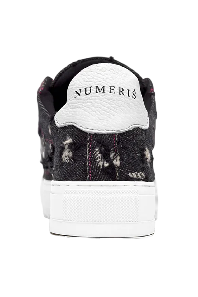 סניקרס נומריס NUMERIS ג’ינס שחור בד עור גזרת מיד דגם Pink denim שפשופי יד שרוכים וורודים סוליית גומי