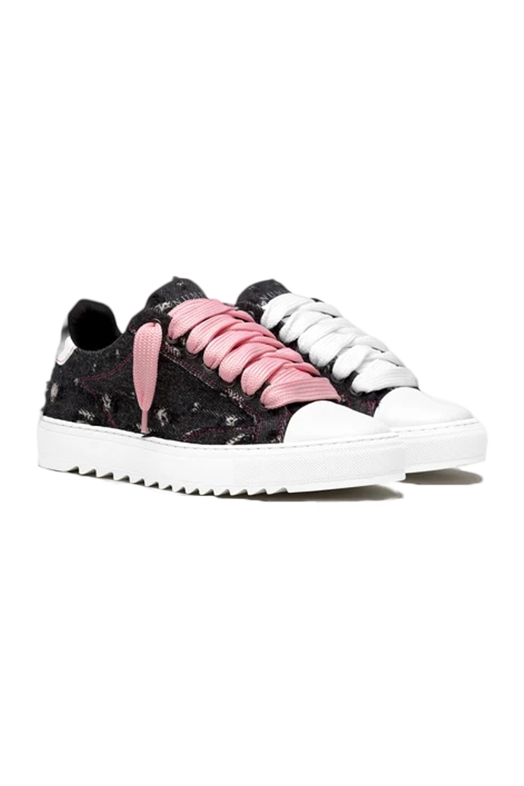 סניקרס נומריס NUMERIS ג’ינס שחור בד עור גזרת מיד דגם Pink denim שפשופי יד שרוכים וורודים סוליית גומי