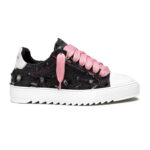 סניקרס נומריס NUMERIS ג’ינס שחור בד עור גזרת מיד דגם Pink denim שפשופי יד שרוכים וורודים סוליית גומי