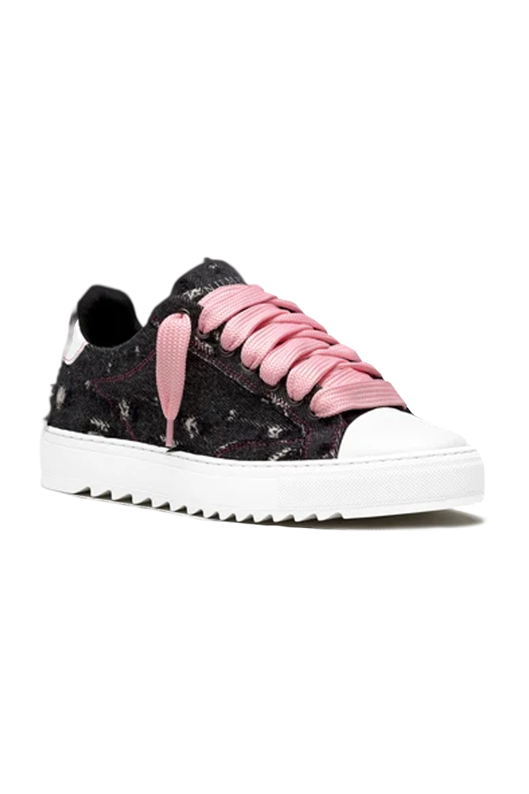 סניקרס נומריס NUMERIS ג'ינס שחור בד עור גזרת מיד דגם Pink denim שפשופי יד שרוכים וורודים סוליית גומי