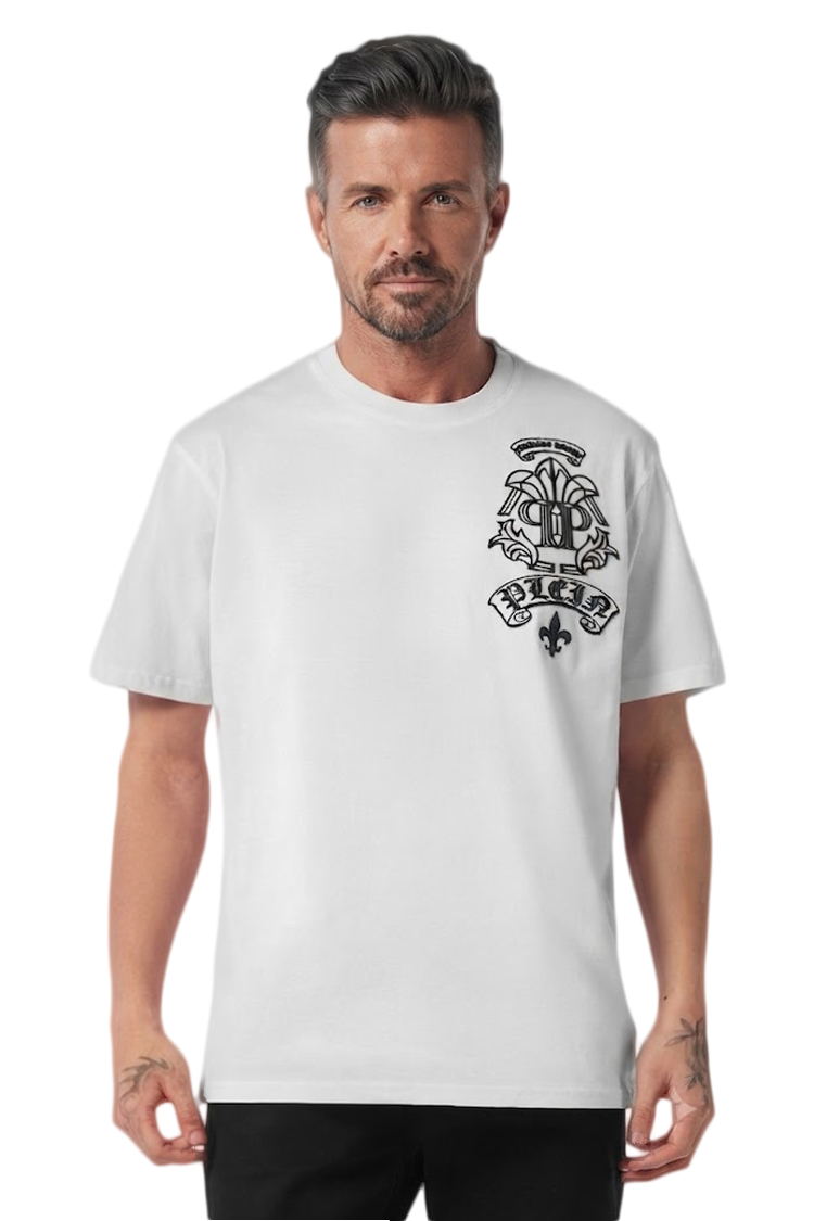 טי שירט פיליפ פליין PHILIPP PLEIN לבן כותנה נינוח דגם Tattoo רקמת גולגולת פאץ' עורף