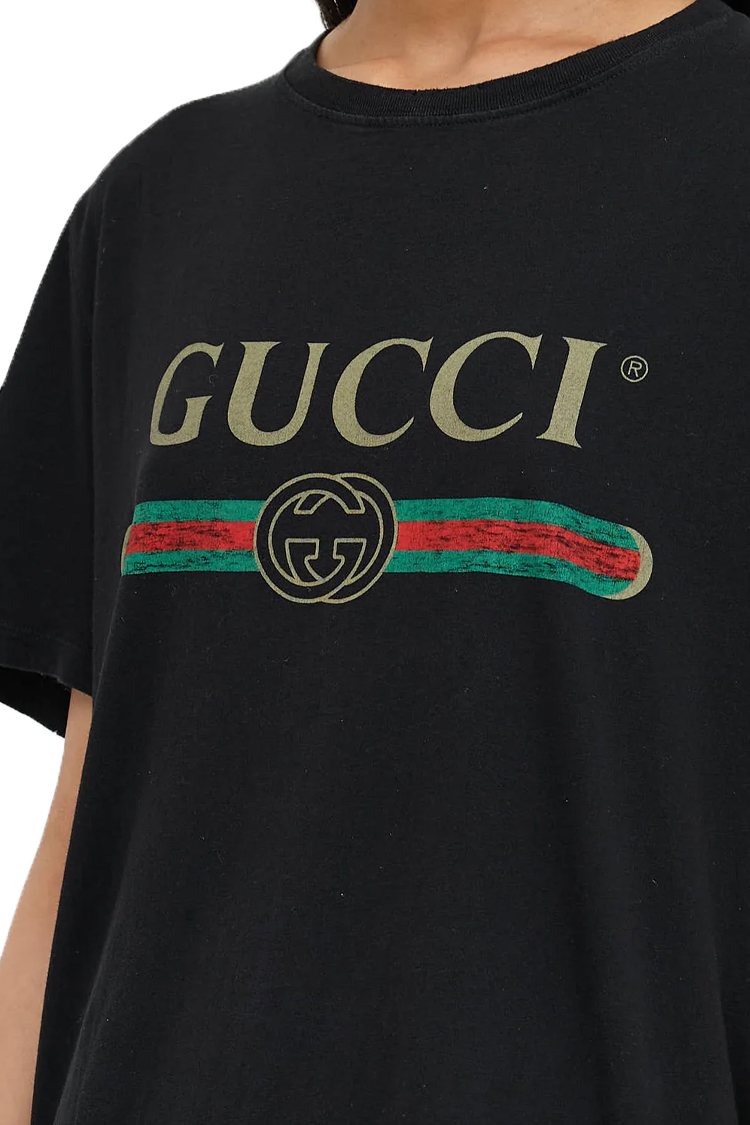 טי שירט נשים גוצ'י GUCCI שחור כותנה משי דגם Cotton jersey and silk פסים צבעוניים לוגו חזה