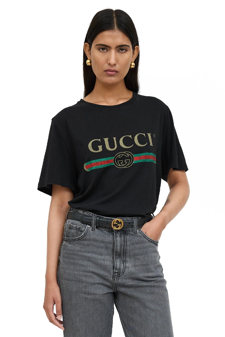 טי שירט נשים גוצ'י GUCCI שחור כותנה משי דגם Cotton jersey and silk פסים צבעוניים לוגו חזה