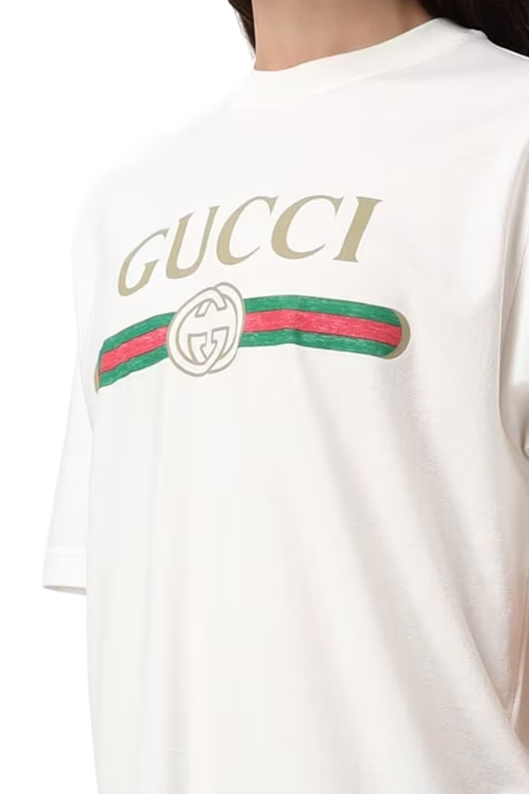 טי שירט נשים גוצ'י GUCCI לבן כותנה משי דגם Cotton jersey and silk פסים צבעוניים לוגו חזה