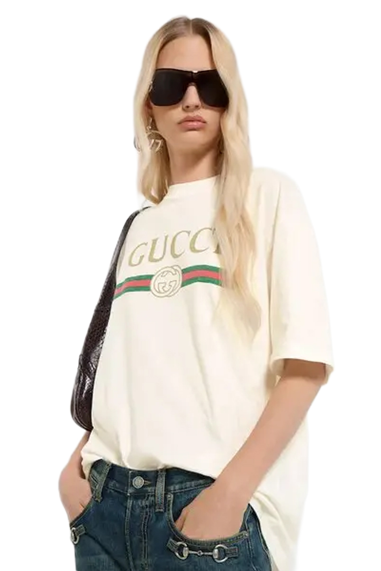 טי שירט נשים גוצ'י GUCCI לבן כותנה משי דגם Cotton jersey and silk פסים צבעוניים לוגו חזה