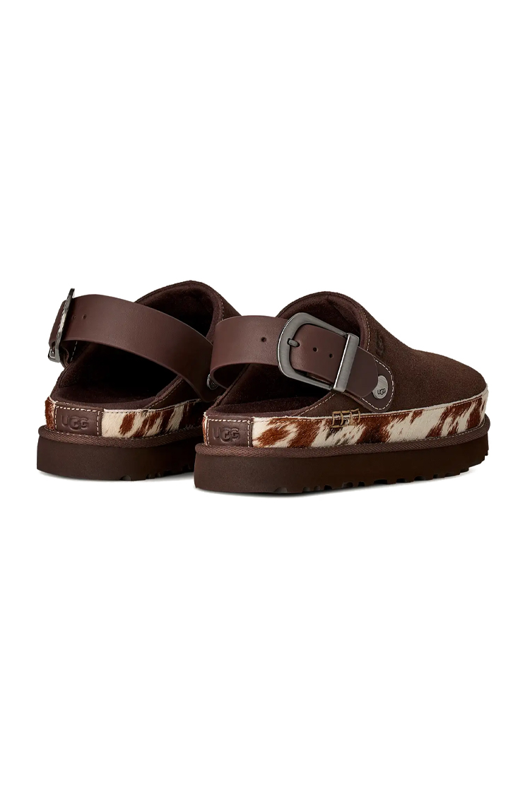 כפכפי עור UGG חום דגם Goldenstar Western Clog זמש פרווה מנומרת סוליית EVA רצועת לוגו