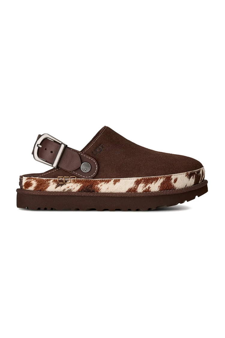 כפכפי עור UGG חום דגם Goldenstar Western Clog זמש פרווה מנומרת סוליית EVA רצועת לוגו