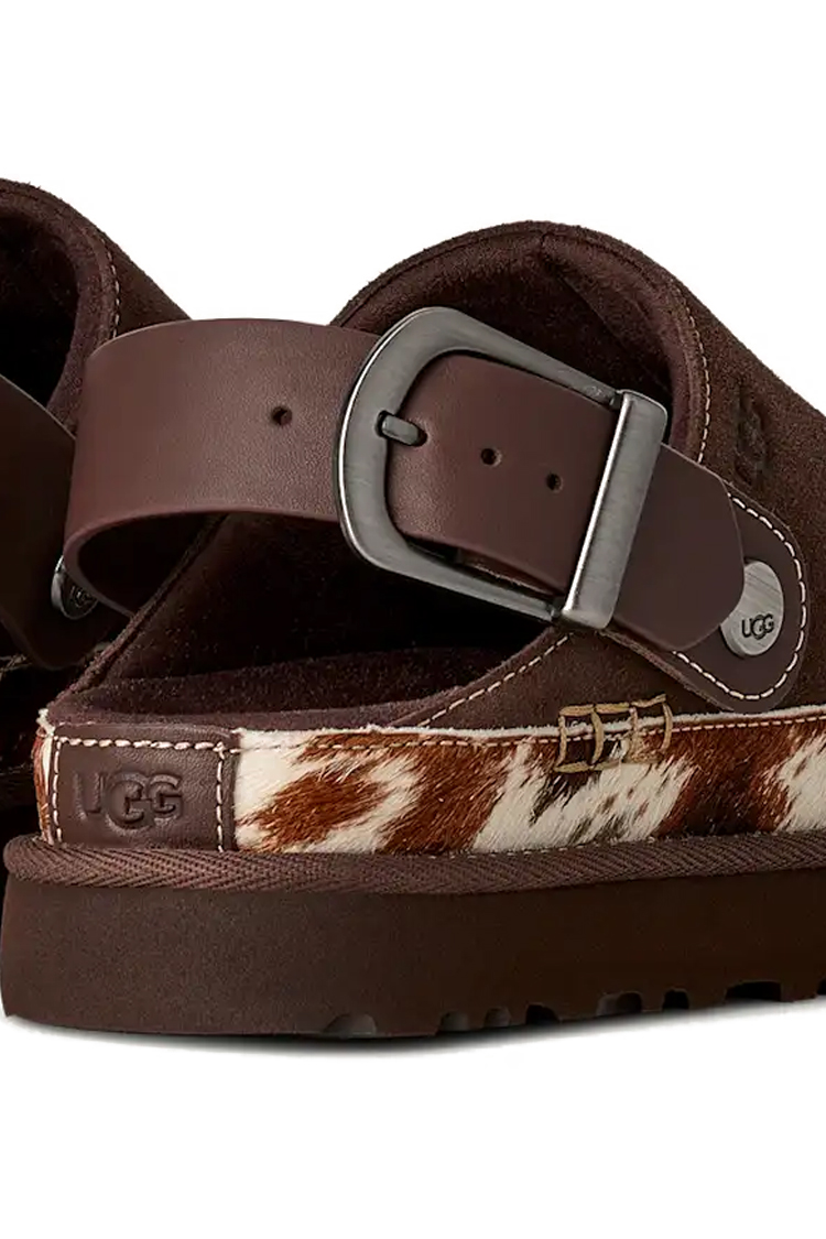 כפכפי עור UGG חום דגם Goldenstar Western Clog זמש פרווה מנומרת סוליית EVA רצועת לוגו
