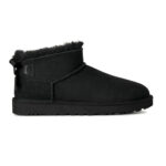 מגפון עור אג UGG שחור דגם Ultra Mini Bailey Bow עור כבש דו צדדי פפיון בטנת צמר
