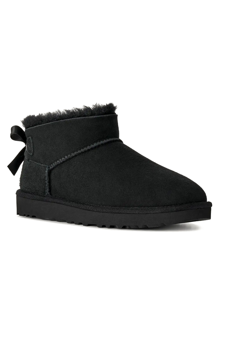 מגפון עור אג UGG שחור דגם Ultra Mini Bailey Bow עור כבש דו צדדי פפיון בטנת צמר