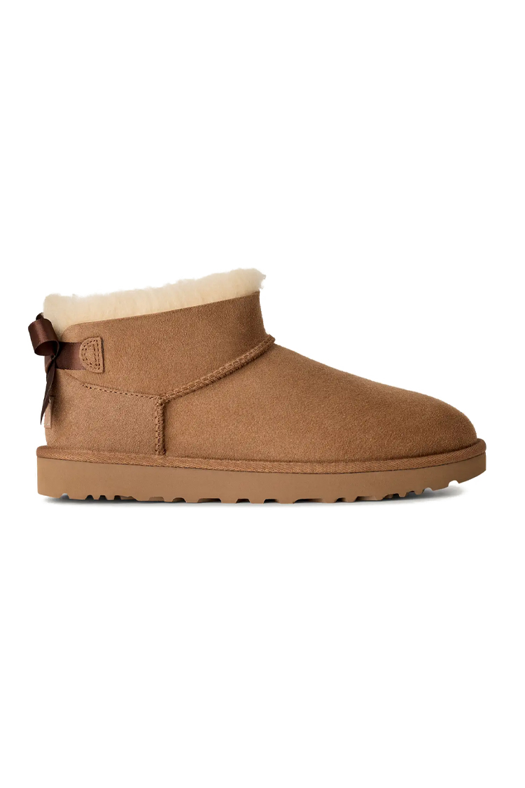 מגפון עור אג UGG חום דגם Ultra Mini Bailey Bow עור כבש דו צדדי פפיון בטנת צמר