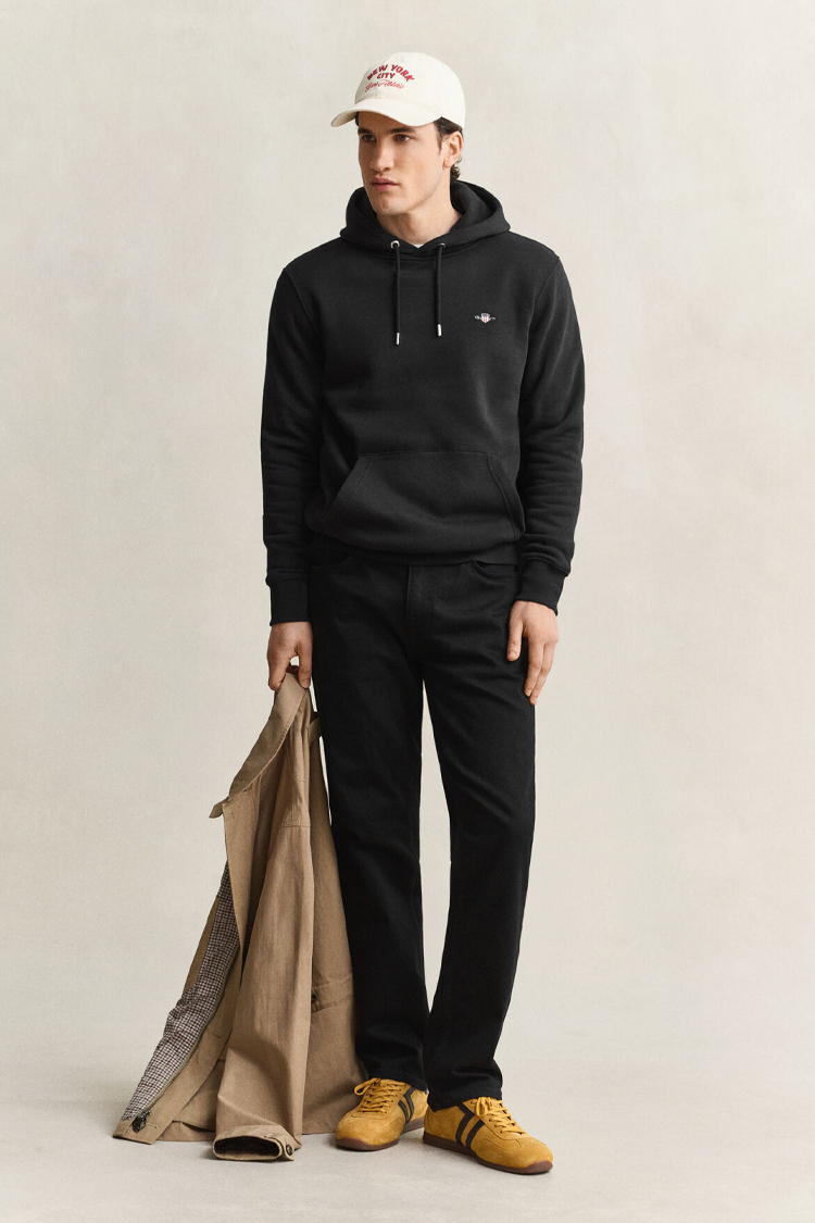 קפוצ’ון גאנט GANT שחור כותנה דגם Shield Hoodie גזרה רגילה רקמה וכיס קנגורו